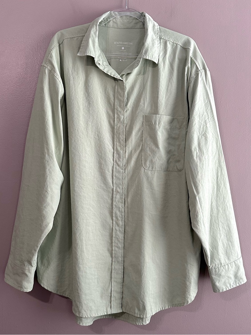 Set Active x Aimee Song Sage Green Relaxed Oversized Snap Buttondown Womens XL